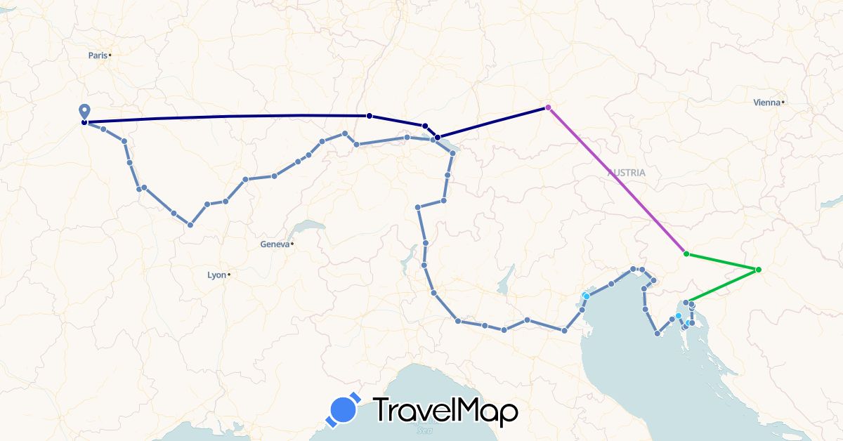 TravelMap itinerary: driving, bus, cycling, train, boat in Switzerland, Germany, France, Croatia, Italy, Slovenia (Europe)